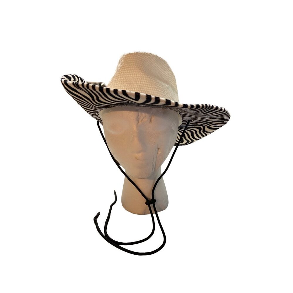 Womens White Straw Cowboy Hat Zebra Print Brim Chin Strap Western Festival